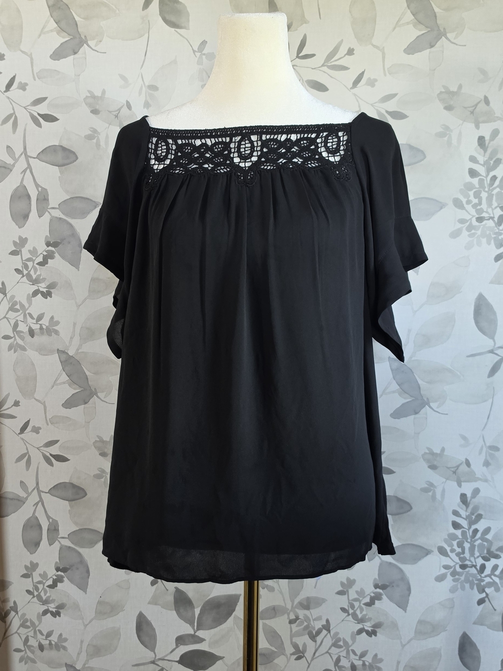 LOFT Black Crochet Yoke Short Sleeve Blouse